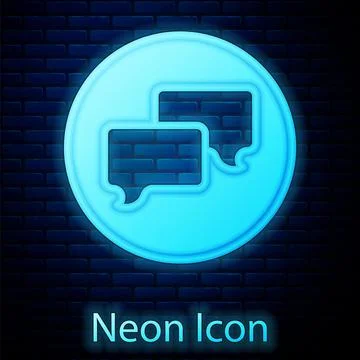 Glowing neon Speech bubble chat icon isolated on brick wall background. Messa Illustrazione stock