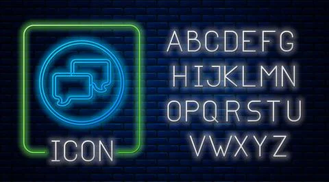Glowing neon Speech bubble chat icon isolated on brick wall background. Messa Stock Illustration