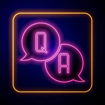Glowing neon Speech bubbles with Question and Answer icon isolated on black Stock Illustration