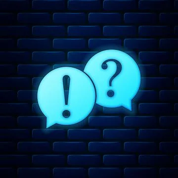 Glowing neon Speech bubbles with Question and Exclamation marks icon isolated on Stock Illustration