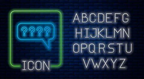Glowing neon Speech bubbles with Question icon isolated on brick wall background Stock Illustration