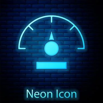 Glowing neon Speedometer icon isolated on brick wall background. Vector Illustrazione stock