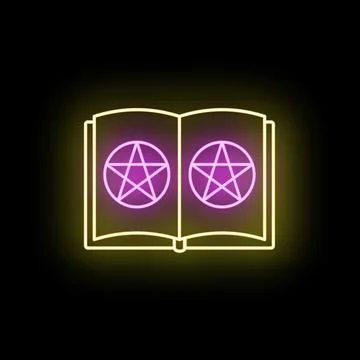 Glowing neon spellbook displaying pentagram symbols Stock Illustration