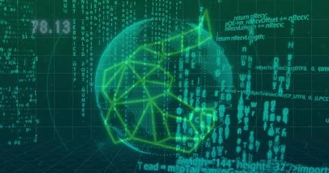 Glowing neon sphere rotating in virtual data space, with dotted mesh, nodes, 스톡 일러스트