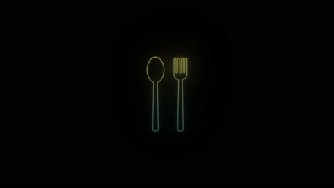 Glowing neon spoon and fork icon on black background. Stock Footage 194965624