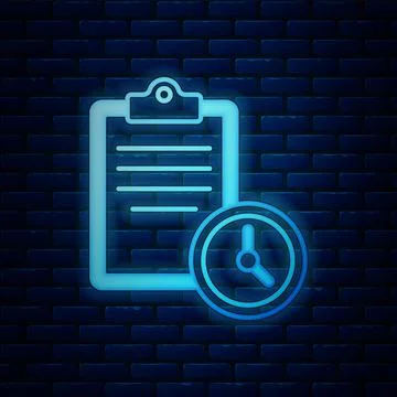 Glowing neon Sport training program or fitness plan icon isolated on brick wall Stock Illustration