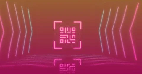 Glowing neon square frame with QR-like glyph emitting pink light in studio Stock Illustration