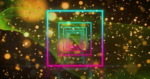 Glowing neon square frames receding into abstract tunnel, with golden particles Stock Illustration