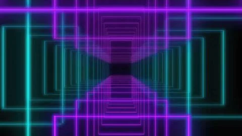 Glowing neon squares creating an endless tunnel effect Illustrazione stock