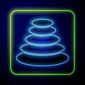 Glowing neon Stack hot stones icon isolated on blue background. Spa salon Stock Illustration