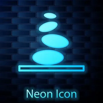 Glowing neon Stack hot stones icon isolated on brick wall background. Spa salon Illustrazione stock