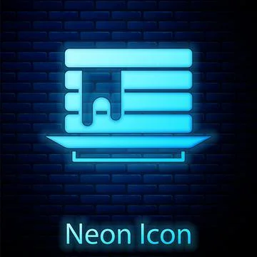 Glowing neon Stack of pancakes with honey icon isolated on brick wall background 库存插图