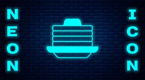 Glowing neon Stack of pancakes with honey icon isolated on brick wall backgro Stock Illustration