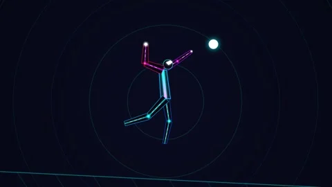 Glowing Neon Stickman Jumping And Smashing Volleyball With Light Trail Stock Footage 340520844