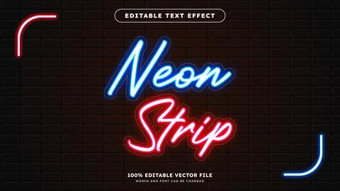 Glowing neon strip text effect on the brick wall background Text glows in t.. 库存插图