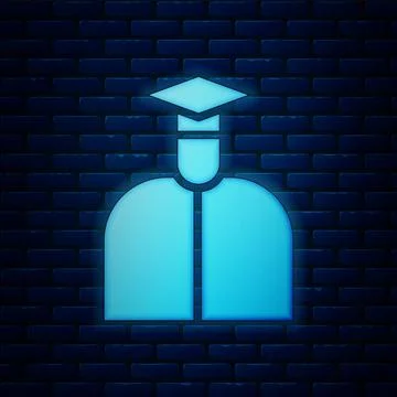 Glowing neon Student icon isolated on brick wall background. Vector Illustration Stock Illustration