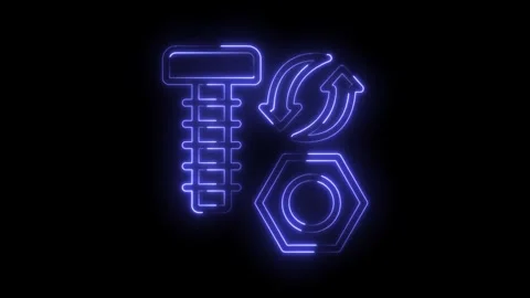 Glowing neon style animation of a bolt nut and rotation arrows on a black Stock Footage 322989127