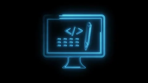 Glowing neon style animation of computer display with code elements and pen.. Stock Footage 308903291
