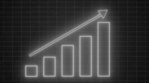 Glowing neon-style bar chart showing upward-trending bars with diagonal arr.. Stock Footage 335116004
