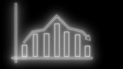 Glowing neon-style bar chart with overlaid line graph and arrow on black ba.. Vidéo 337077567