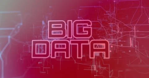 Glowing neon-style 'BIG DATA' text illuminating digital network, with circuits 库存照片