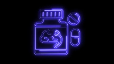 Glowing neon style brain supplement pill bottle for mental health and cognitive Stock Footage 322968338