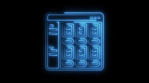 Glowing neon style browser window interface with content grid on a black Stock Footage 322971614