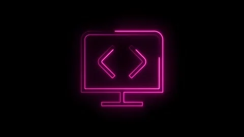 Glowing neon style computer screen with code brackets on a black background Stock Footage 314543257