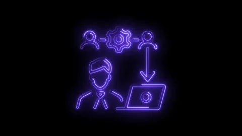 Glowing neon style employee workflow automation on computer screen in dark Stock Footage 330774524