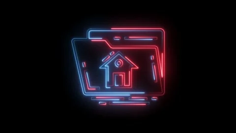 Glowing neon style folder with house icon animation on black background for real Stock Footage 322989954