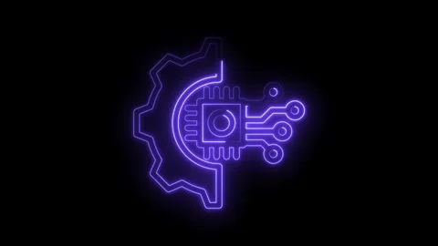Glowing neon style machine learning concept featuring a gear and circuit board Stock Footage 330777694