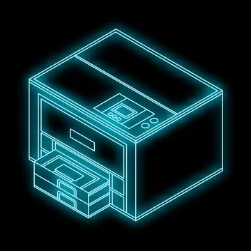 Glowing neon style multifunction printer copying documents Stock Illustration
