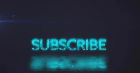 Glowing neon SUBSCRIBE wordmark casting cyan reflection on glossy wet studio Illustrazione stock