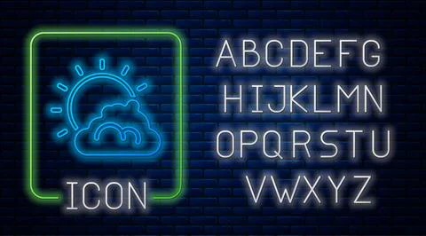 Glowing neon Sun and cloud weather icon isolated on brick wall background. Neon Stock Illustration