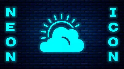 Glowing neon Sun and cloud weather icon isolated on brick wall background.  V 库存插图