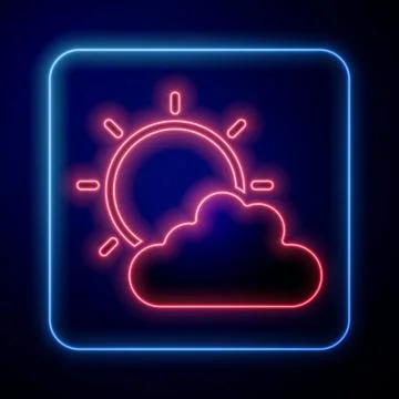 Glowing neon Sun and cloud weather icon isolated on black background.  Vector Stock Illustration