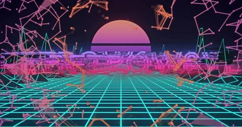 Glowing neon sun hovering over synthwave grid, with floating node clusters, Stock Illustration
