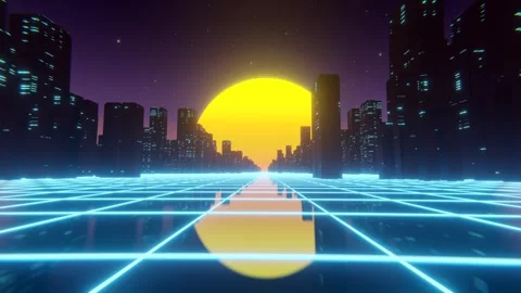 Glowing Neon Synthwave Sun City Loop Stock Footage 245680312