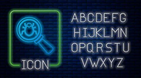 Glowing neon System bug concept icon isolated on brick wall background. Code bug Stock Illustration