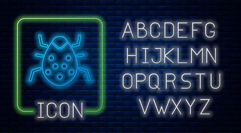 Glowing neon System bug concept icon isolated on brick wall background. Code bug Stock Illustration