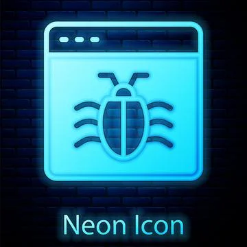 Glowing neon System bug concept icon isolated on brick wall background. Code bug Stock Illustration