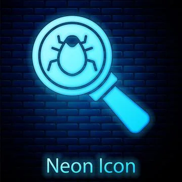 Glowing neon System bug concept icon isolated on brick wall background. Code bug Illustrazione stock