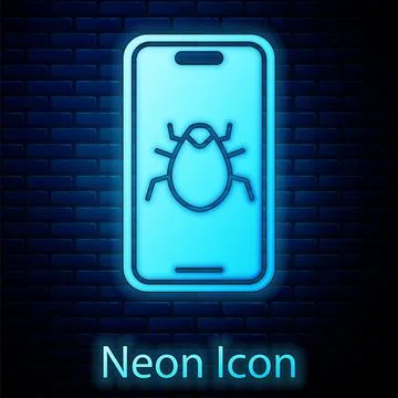 Glowing neon System bug on mobile icon isolated on brick wall background. Code イラスト素材