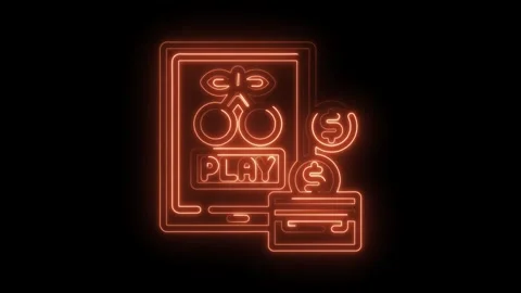 Glowing neon tablet with cherry slot machine dollar signs and credit card icon Stock Footage 330770567