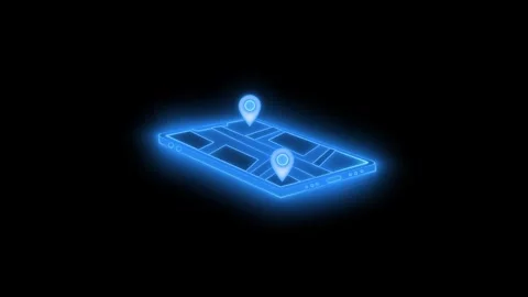 Glowing neon tablet gps location map pin animation on black background Stock Footage 336911196
