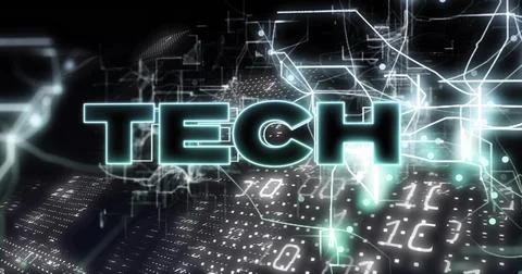 Glowing neon TECH logo casting cyan light over virtual grid, with wireframe Stock Illustration