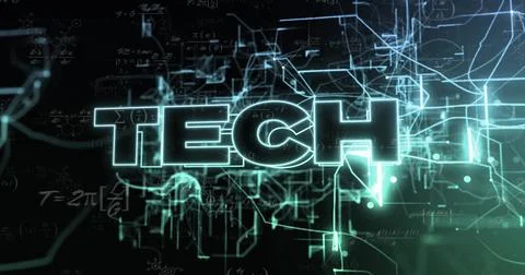 Glowing neon TECH text pulsing in dark digital space, with circuit nodes and Stock Illustration