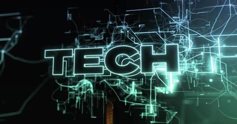 Glowing neon TECH word mark pulsing within virtual 3D studio, with circuit li Stock Illustration