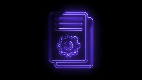 Glowing neon technical documentation with gear icon animation on black Stock Footage 322975182