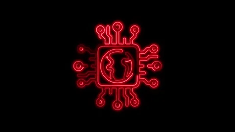 Glowing neon Technology World Chip icon isolated on black background. HD Vi.. Stock Footage 316237415